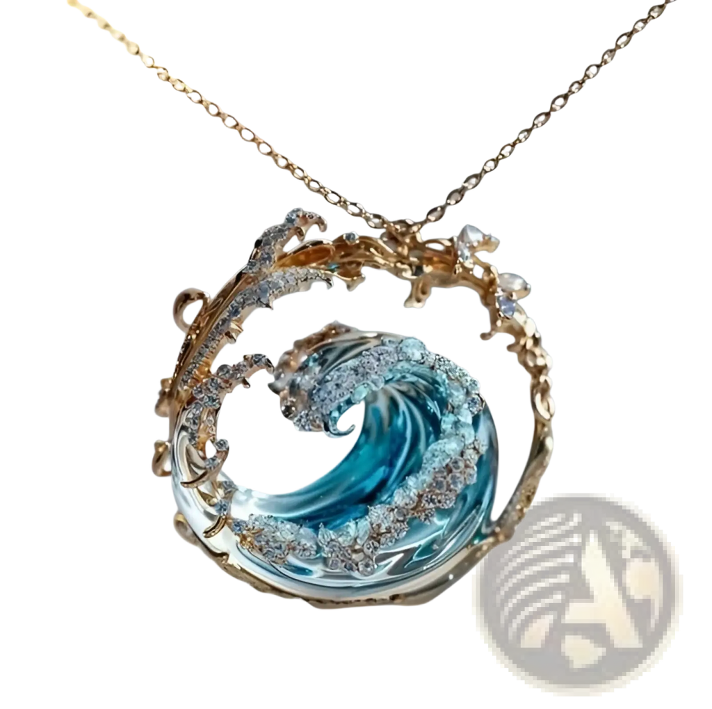 A delicate gold-toned necklace with a blue glass wave pendant surrounded by clear sparkling crystals