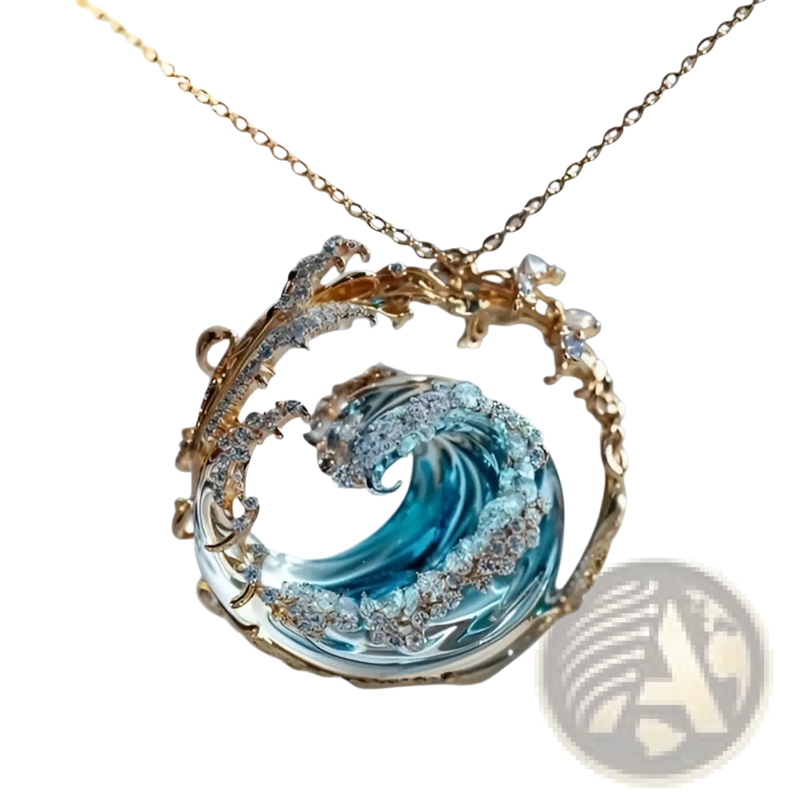 A delicate gold-toned necklace with a blue glass wave pendant surrounded by clear sparkling crystals