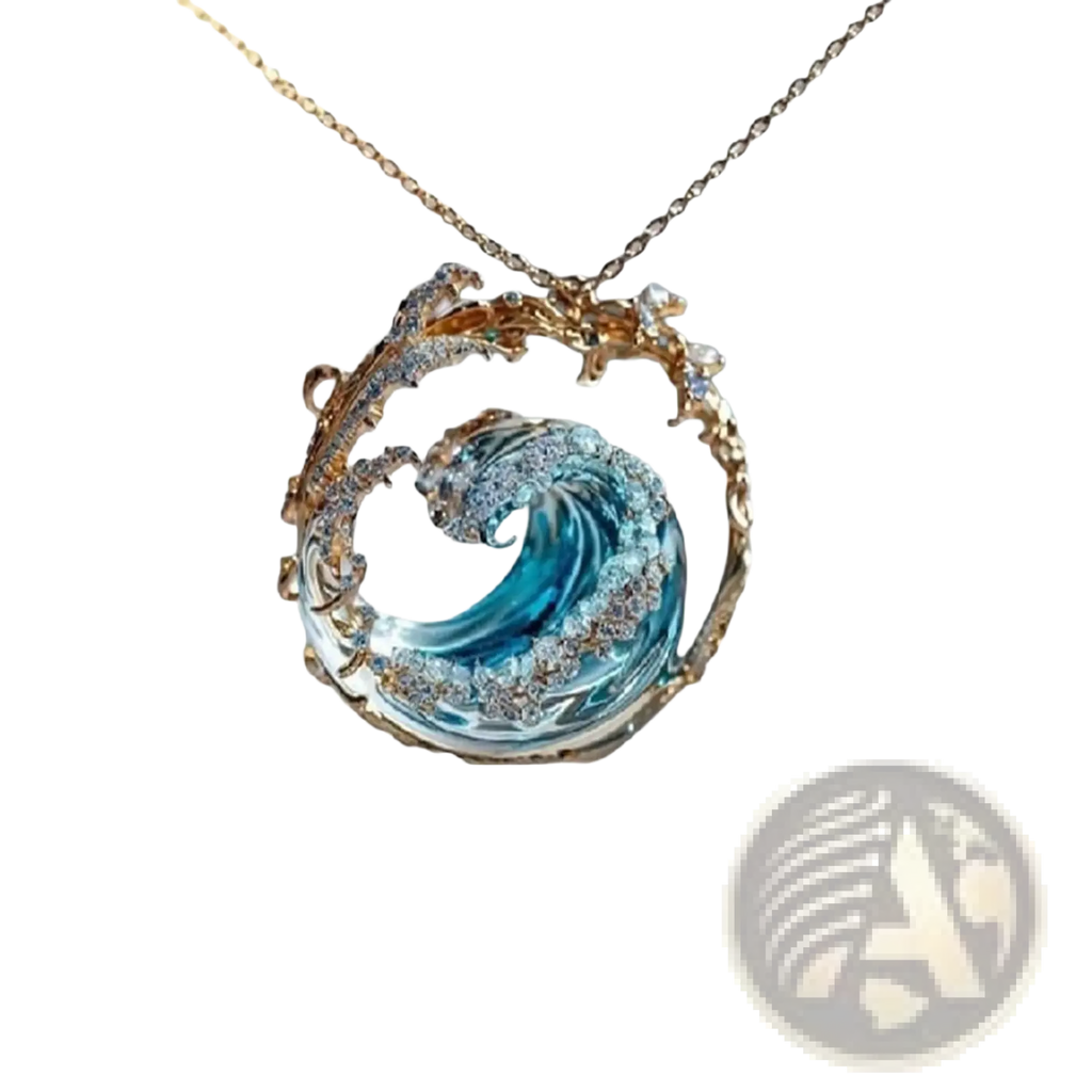 A delicate ocean wave turquoise glass pendant necklace with gold accents and clear gemstones on a gold-toned chain