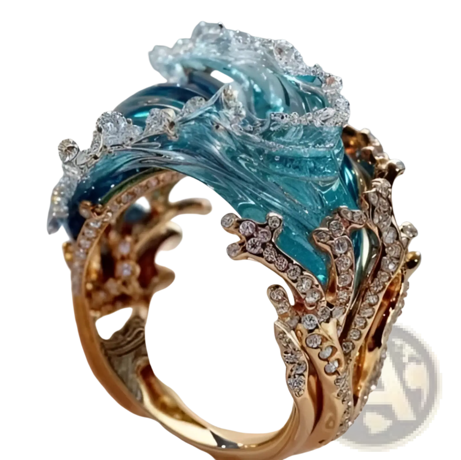Ocean wave turquoise glass pendant necklace featuring intricate gold accents and sparkling diamond details