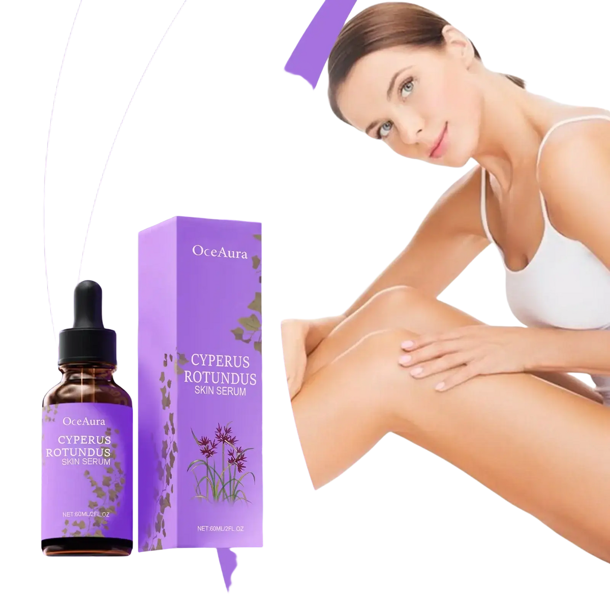 Purple oceaura cyperus rotundus hair removal cream in dark glass dropper bottle with matching botanical illustrated box