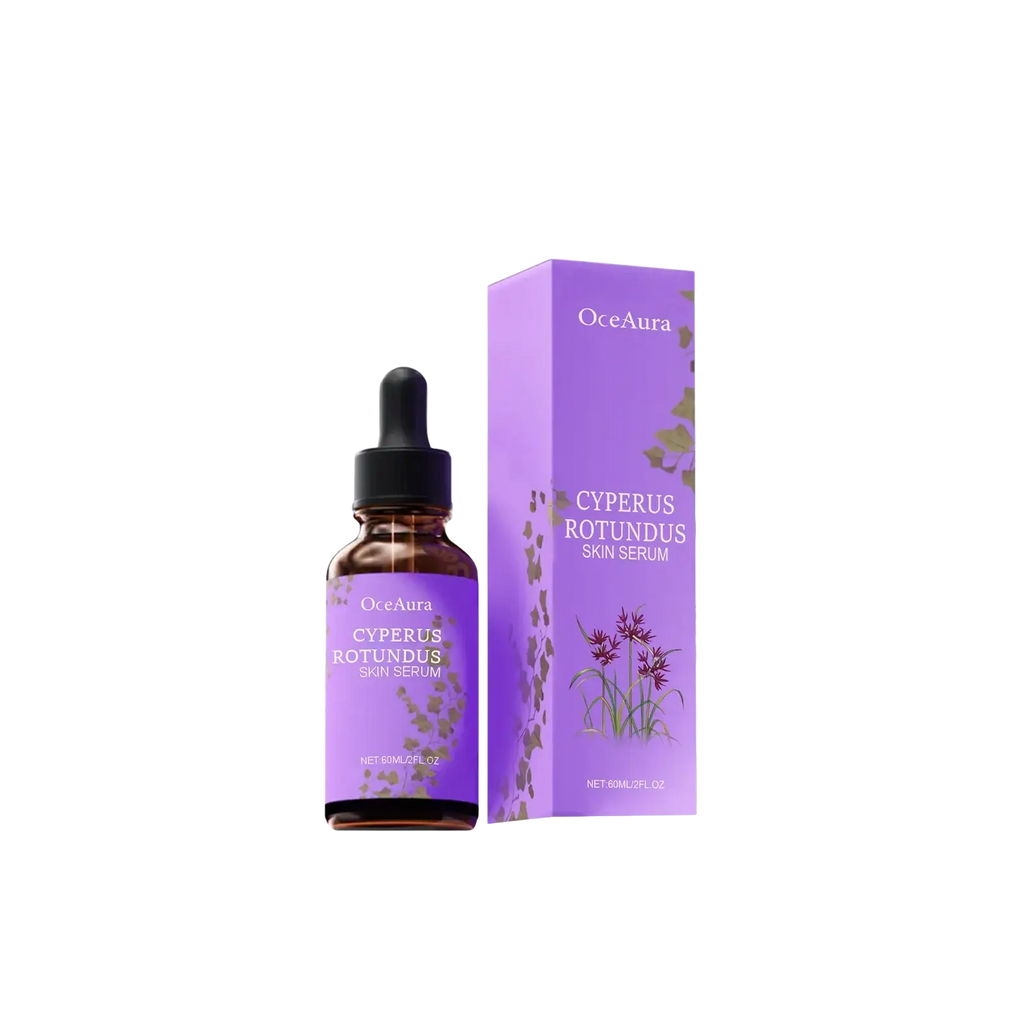 Purple Oceaura cyperus rotundus skin serum in a brown glass dropper bottle with matching packaging for hair removal