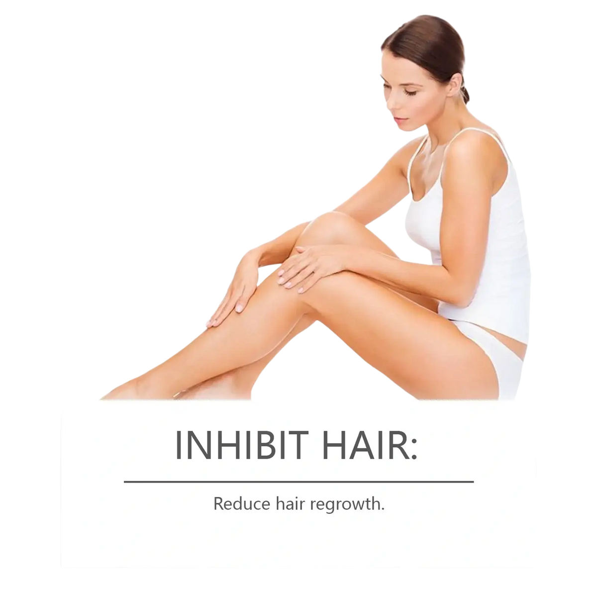 A woman in a white tank top and underwear showcases smooth skin using Oceaura hair removal cream for women 60ml