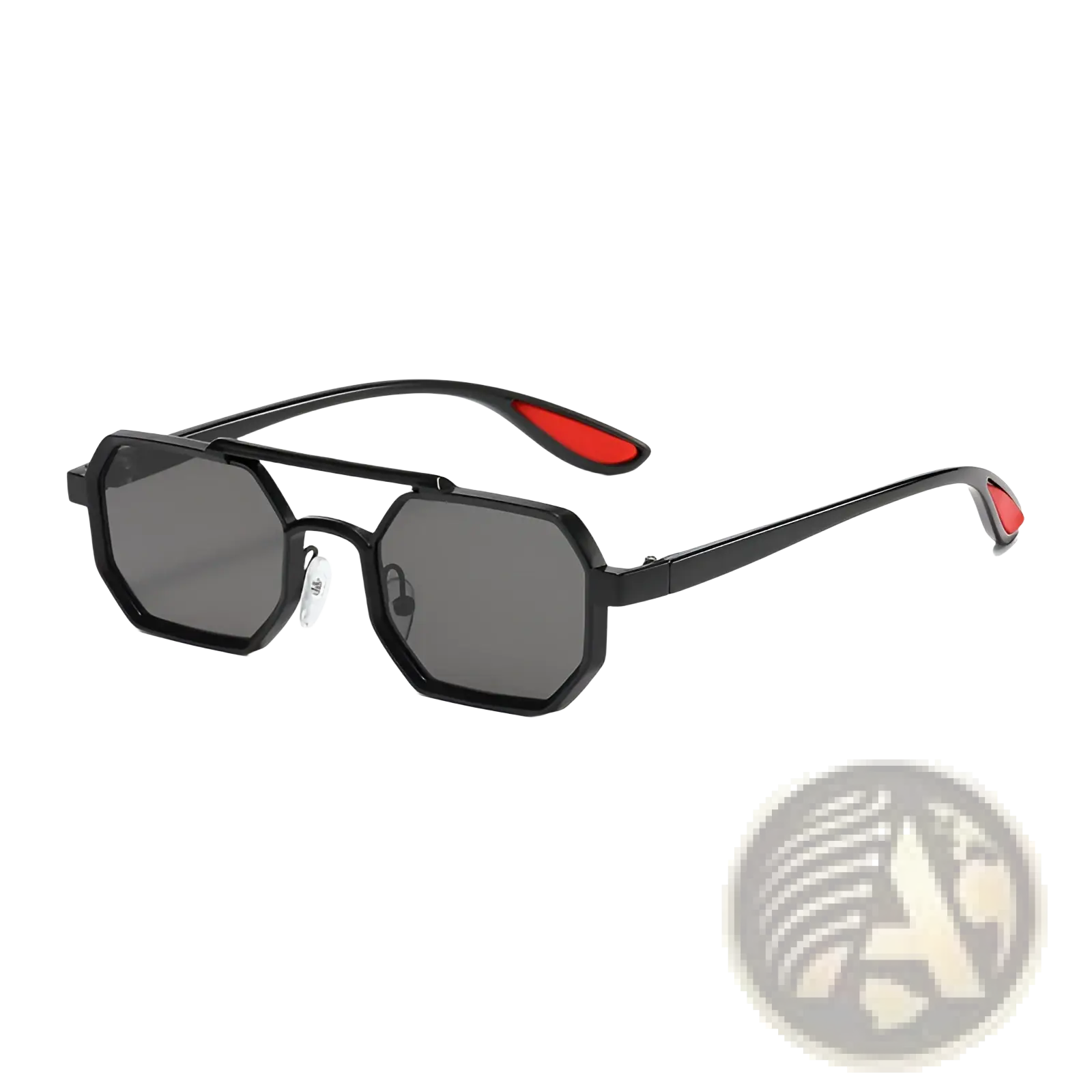 Black octagonal metal steampunk sunglasses with uv400 protection red-accented temple tips and dark gray lenses