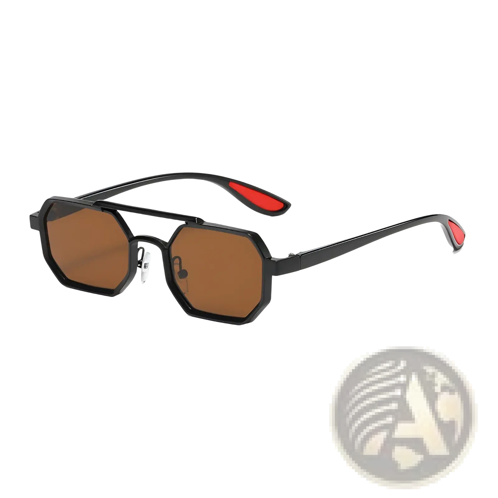 Black octagonal metal steampunk UV400 sunglasses with brown lenses and red temple tip accents for fashion use