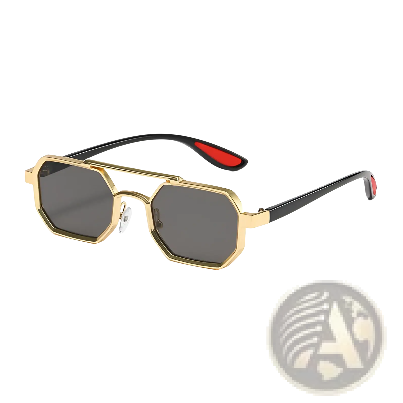 Gold-framed octagonal metal steampunk sunglasses with dark gray UV400 lenses and black arms with red tips