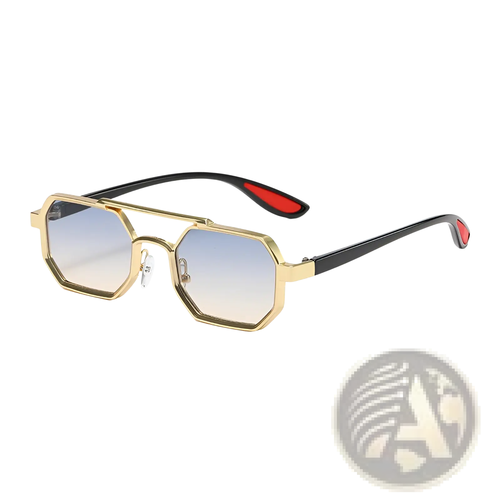Octagonal metal steampunk uv400 fashion sunglasses with gold-toned frame, gradient blue-to-clear lenses, and black arms with red tips