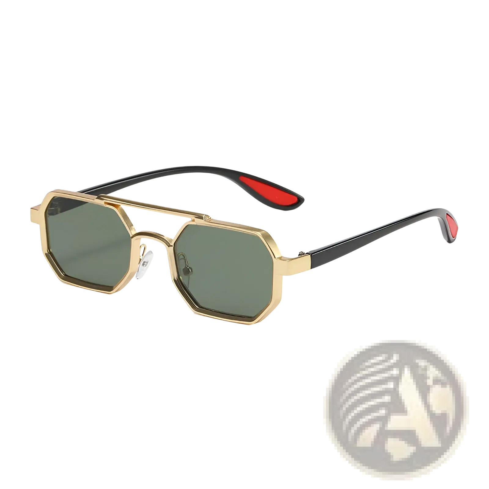 Octagonal metal steampunk uv400 sunglasses with gold frame, dark green lenses, and black arms with red tips