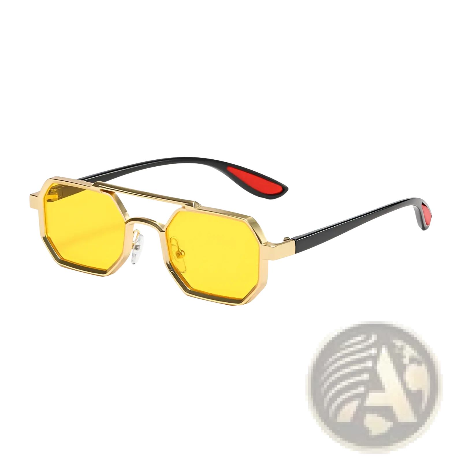 Octagonal metal steampunk sunglasses with gold frame, vibrant yellow uv400 lenses, and black arms with red tips