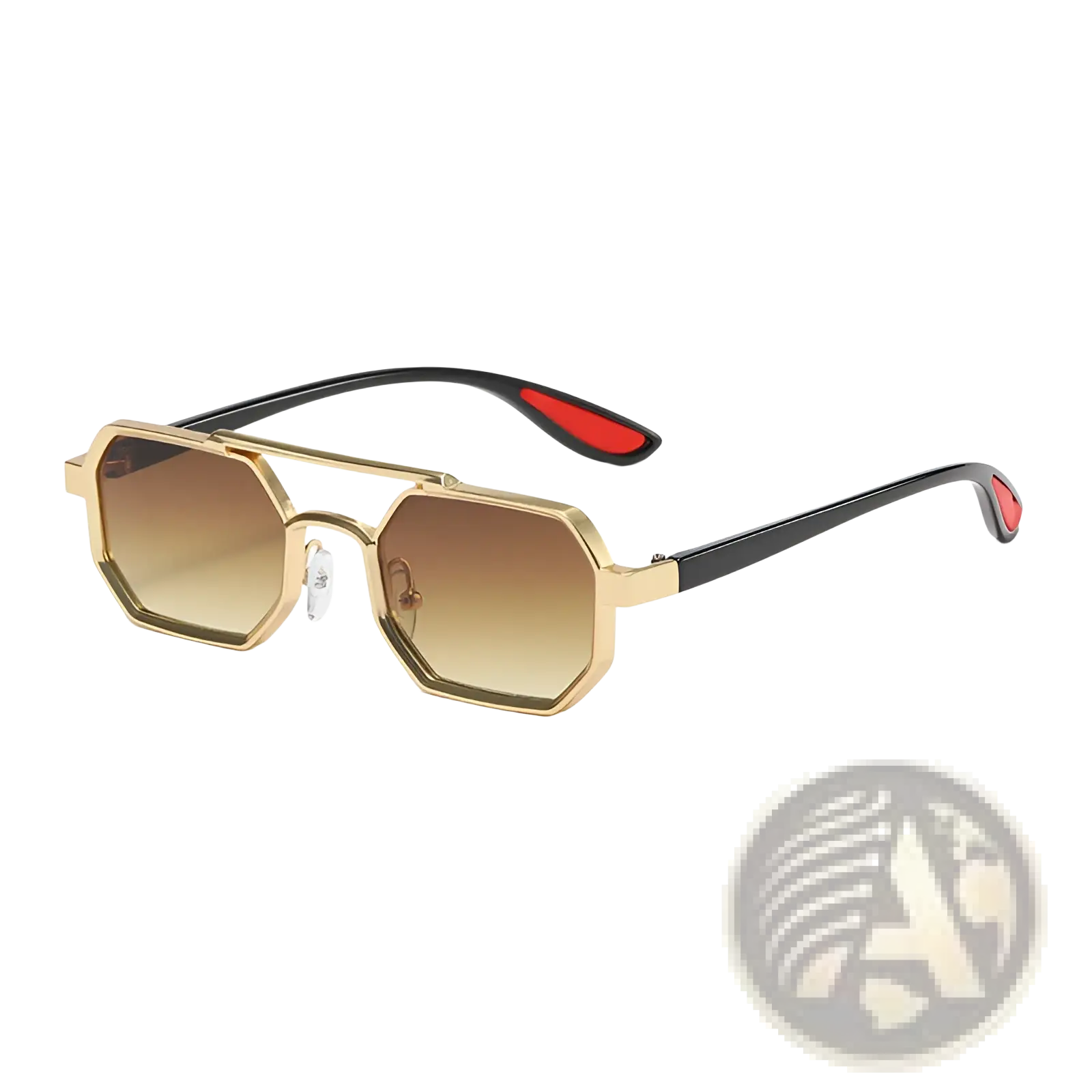 Octagonal metal steampunk uv400 fashion sunglasses with gold-toned frame, gradient brown lenses, and black arms with red tips