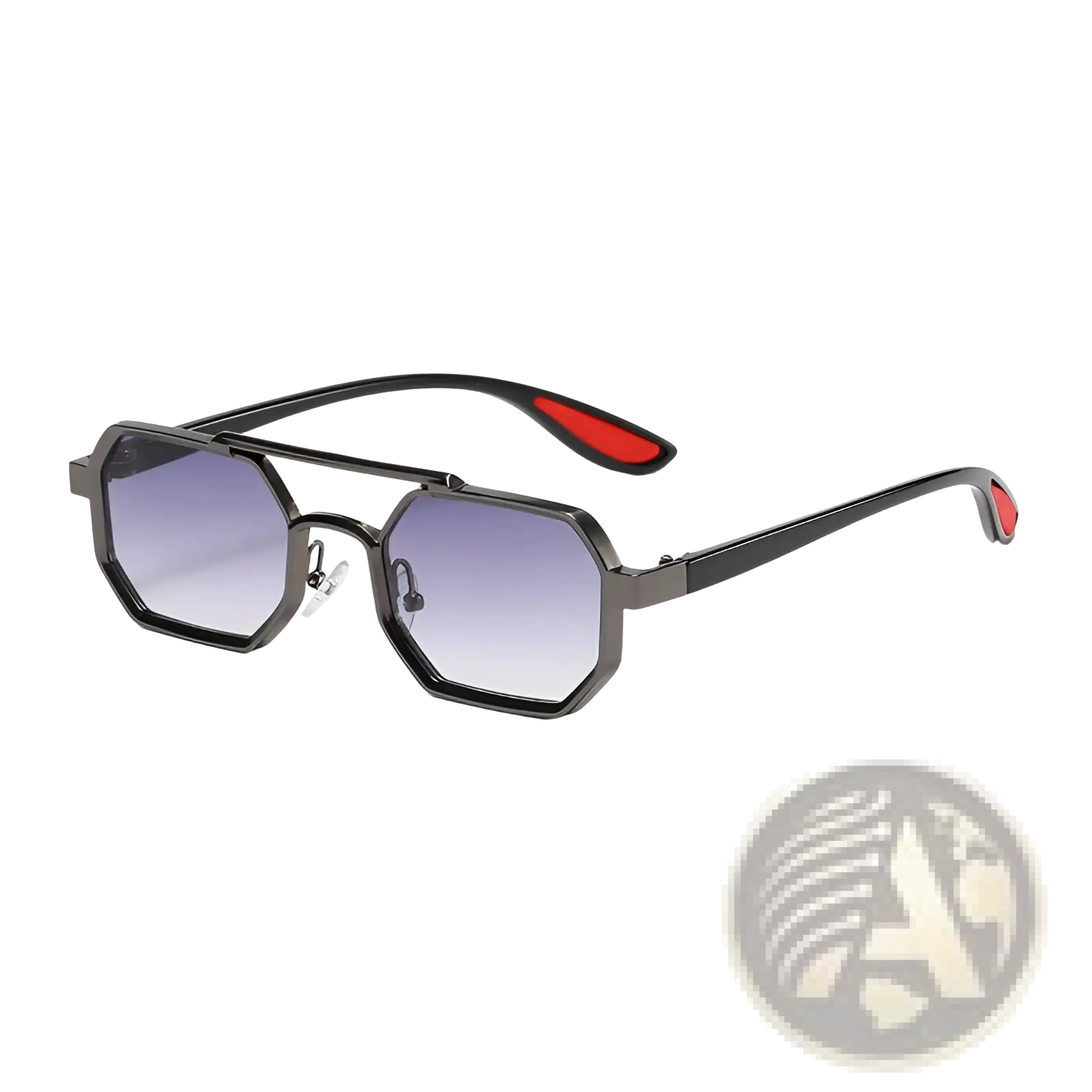 Black octagonal metal steampunk UV400 sunglasses with gradient gray lenses and red temple tip accents