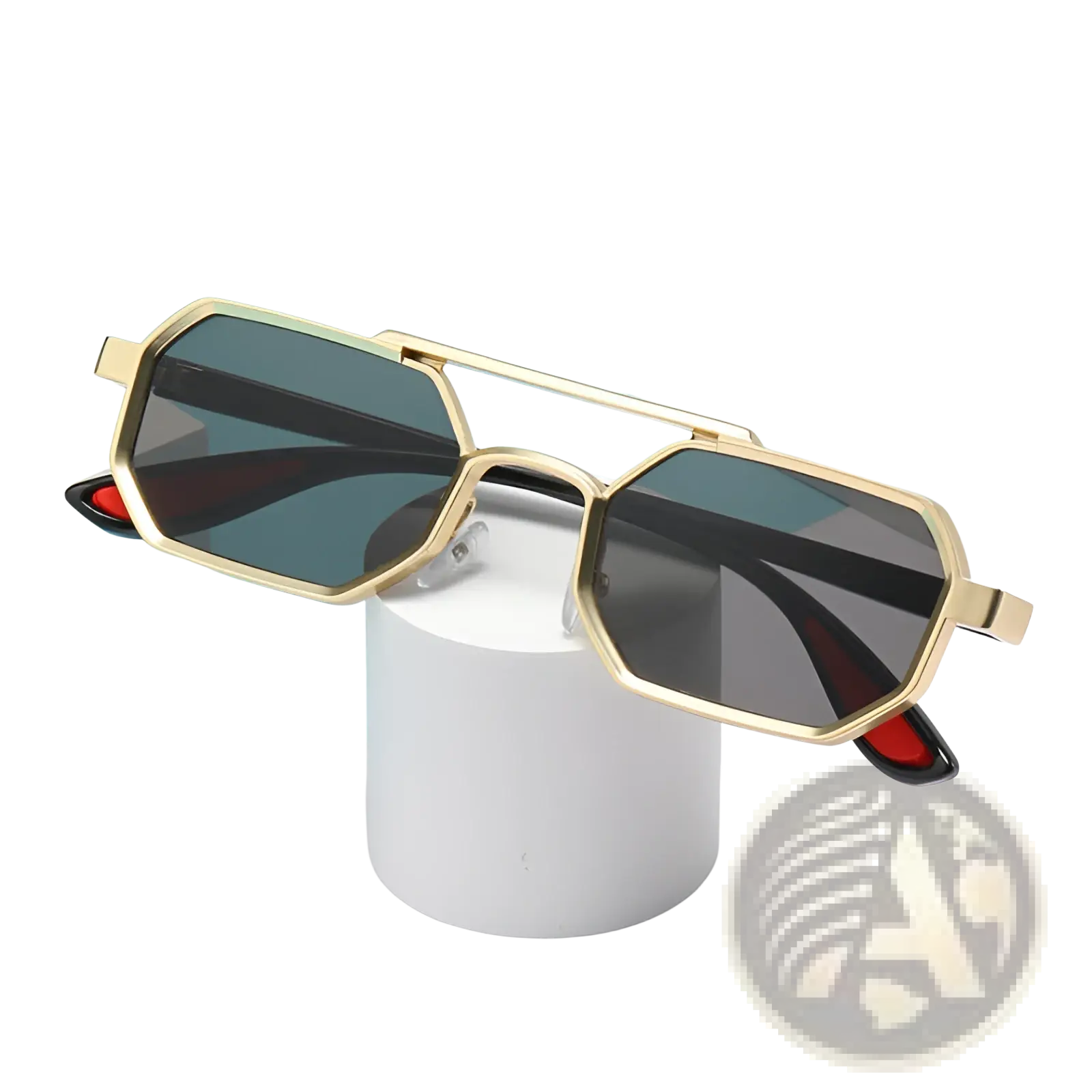 Octagonal metal steampunk uv400 fashion sunglasses with gold-toned frame dark gray lenses and red-accented temple tips