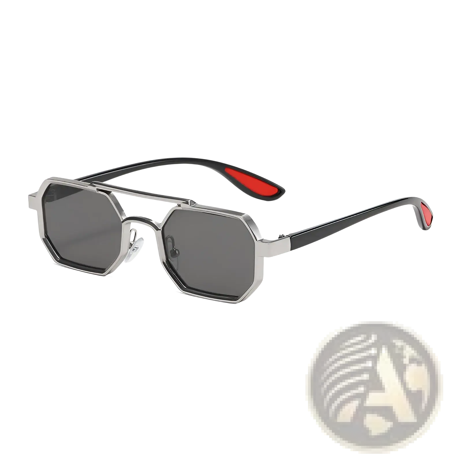 Silver-framed octagonal metal steampunk uv400 sunglasses with dark gray lenses and black arms with red tips