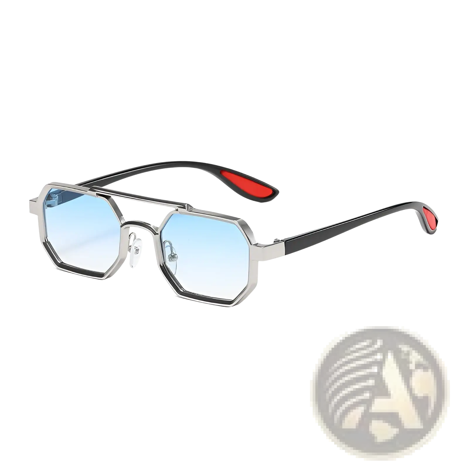 Silver-framed octagonal metal steampunk uv400 sunglasses with gradient blue lenses and black temple arms with red tips