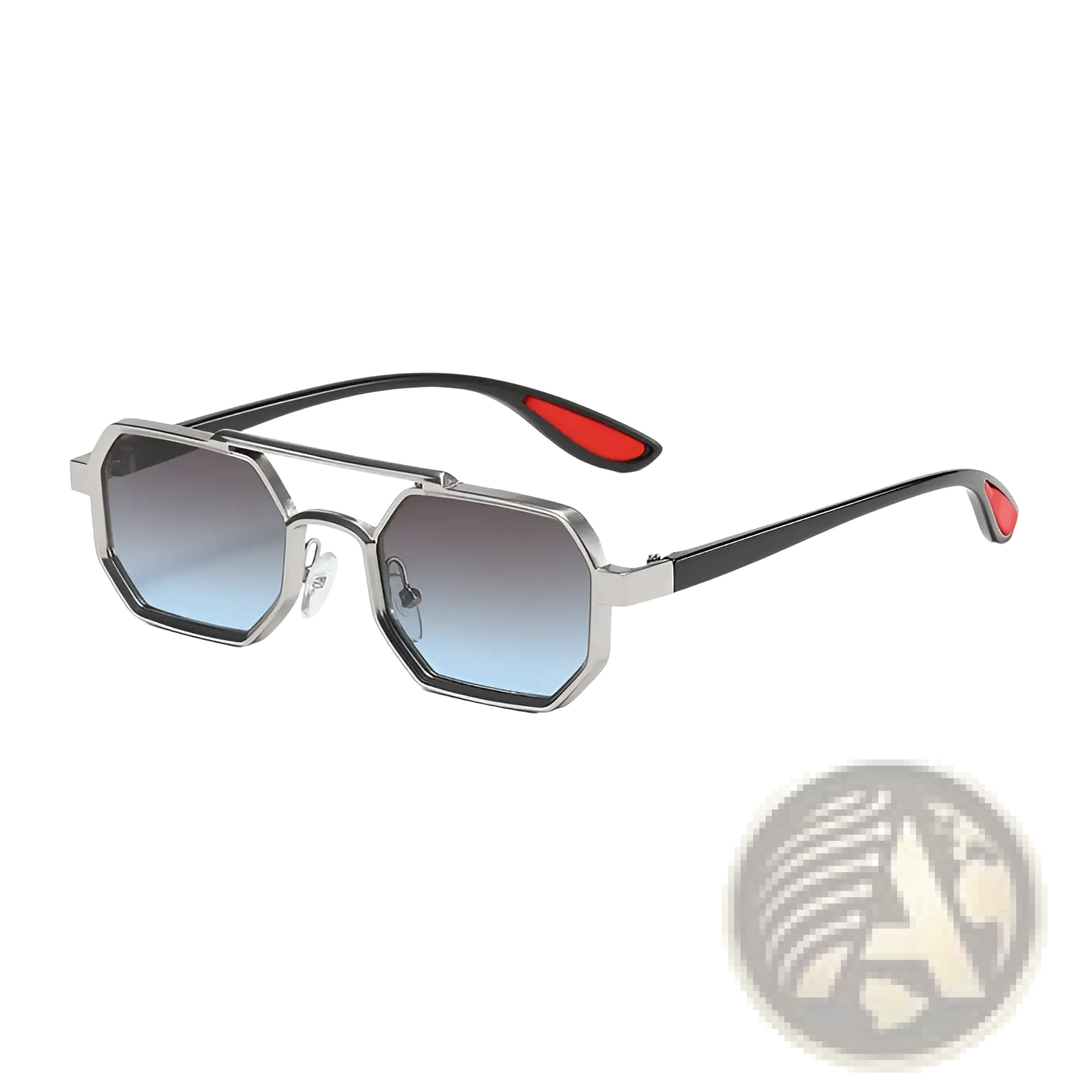 Silver-framed octagonal metal steampunk UV400 sunglasses with gradient blue lenses and black arms with red tips