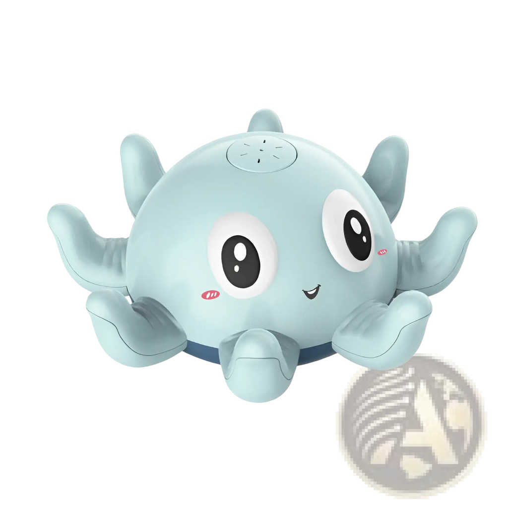 Light blue plush octopus water spray bath toy with large cartoon eyes smiling face and flashing led lights