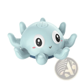 Light blue plush octopus water spray bath toy with large cartoon eyes smiling face and flashing led lights