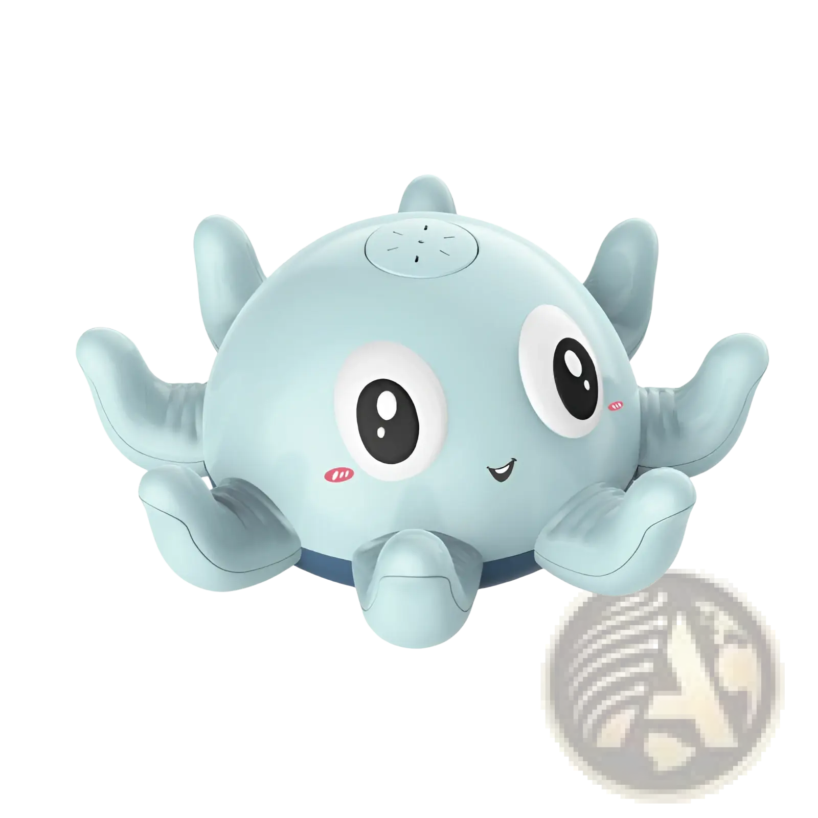 Light blue plush octopus water spray bath toy with large cartoon eyes smiling face and flashing led lights