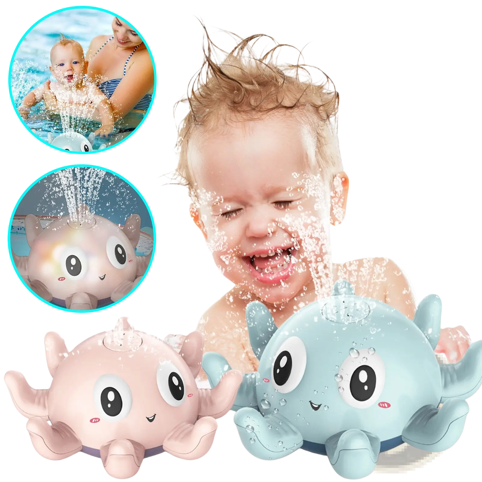 Blue and pink plastic octopus water spray bath toys with flashing led lights for bath time fun
