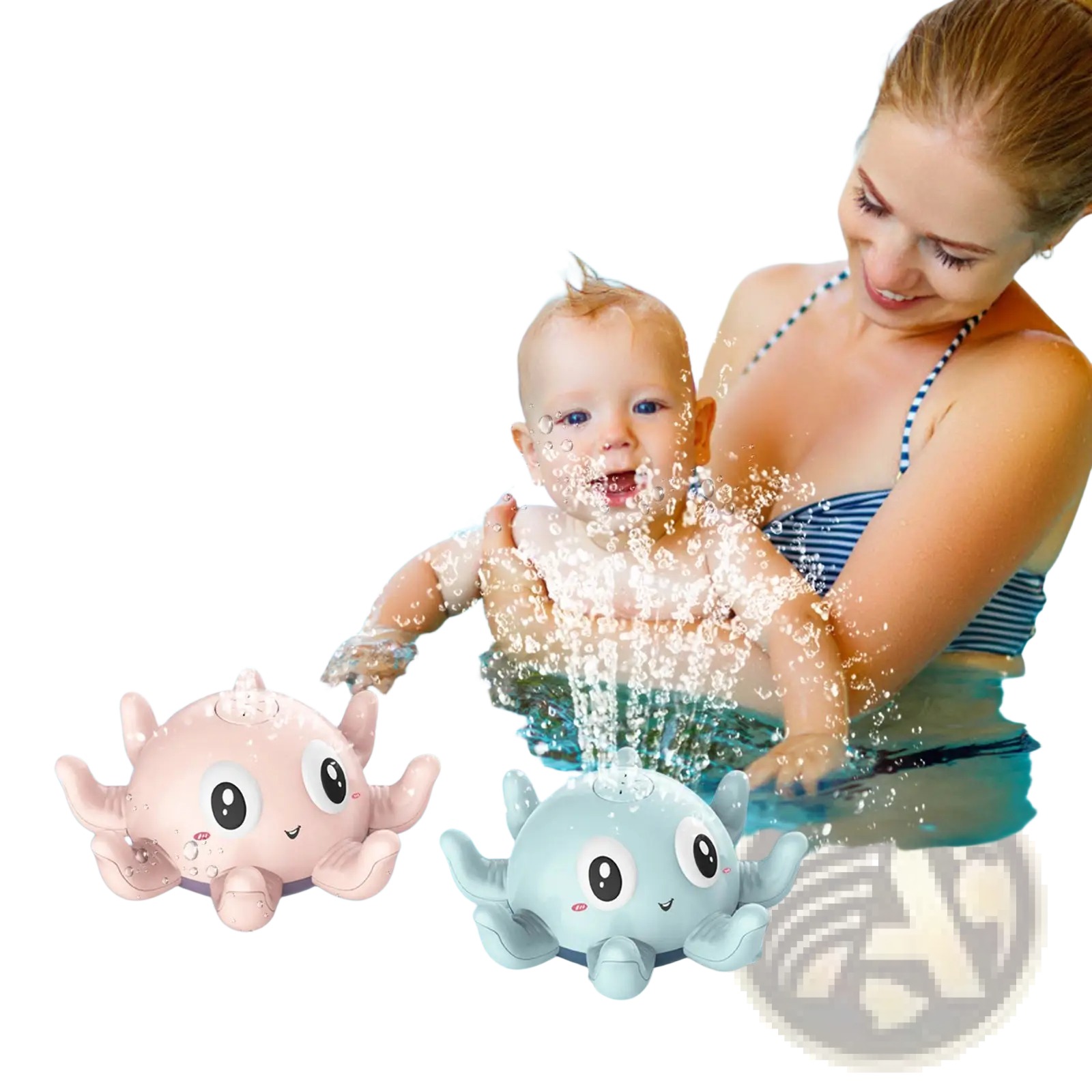 Pink and light blue cartoon octopus water spray bath toys with flashing led lights and smiling faces