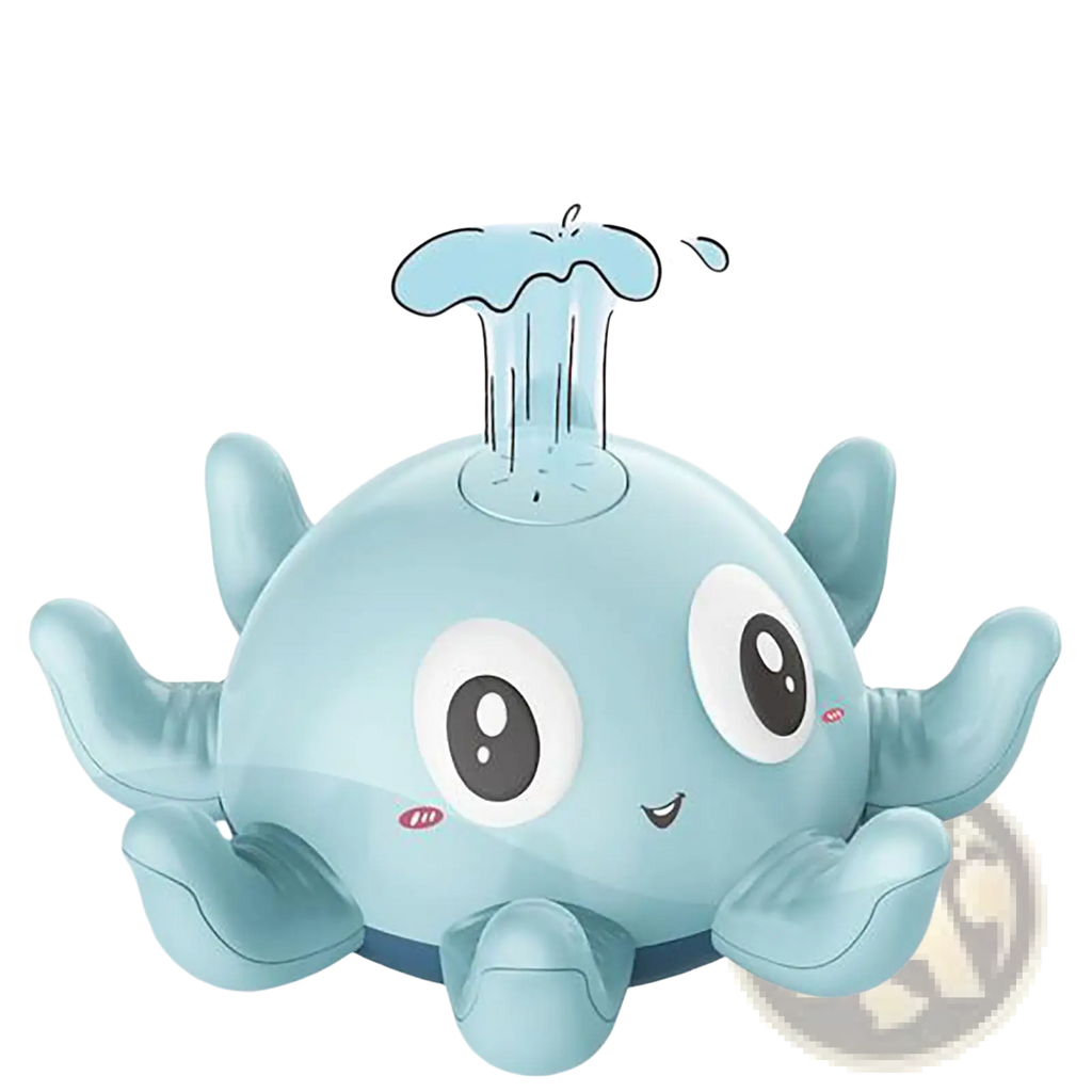 Light blue plastic octopus water spray bath toy with a water jet on its head and flashing LED lights