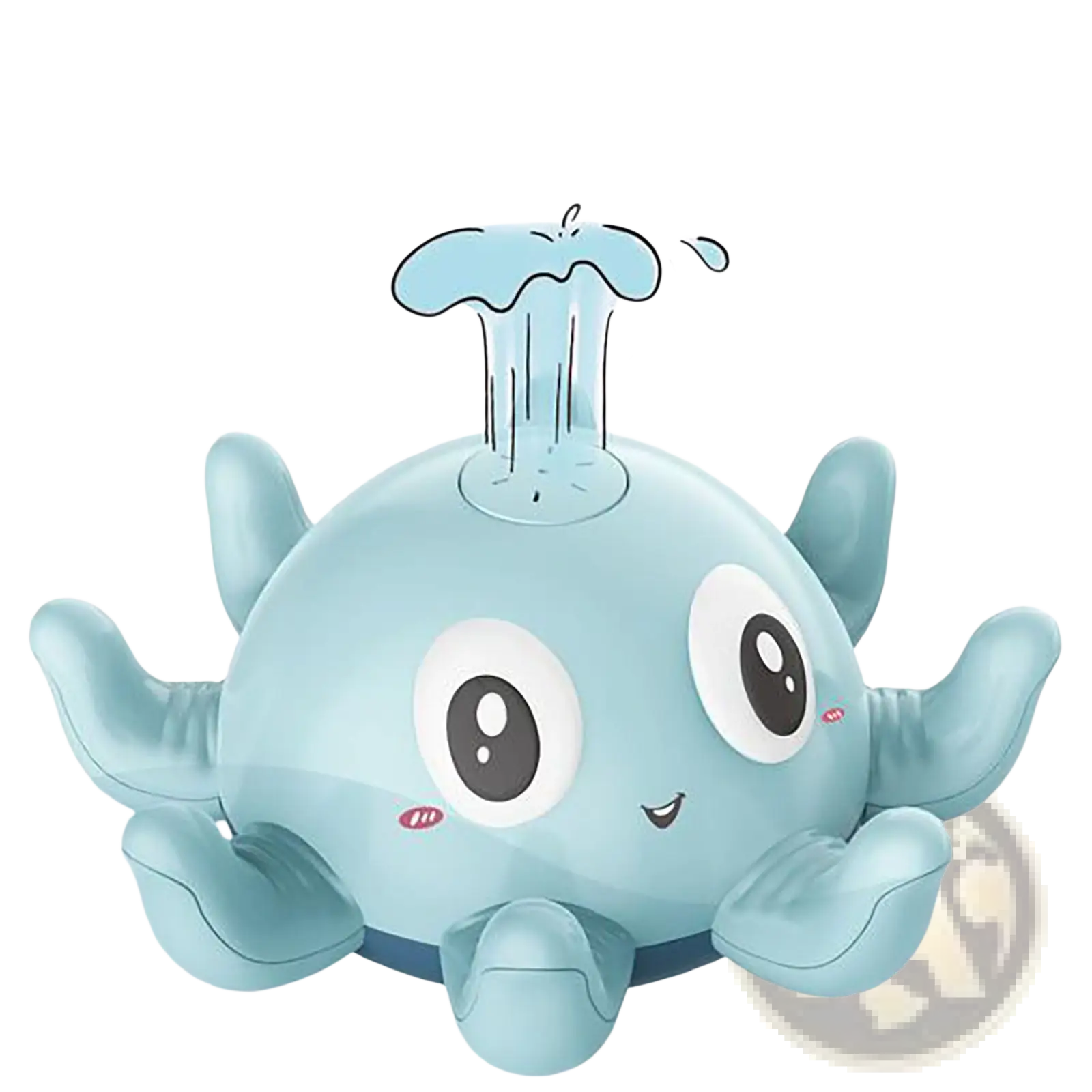 Light blue plastic octopus water spray bath toy with a water jet on its head and flashing LED lights