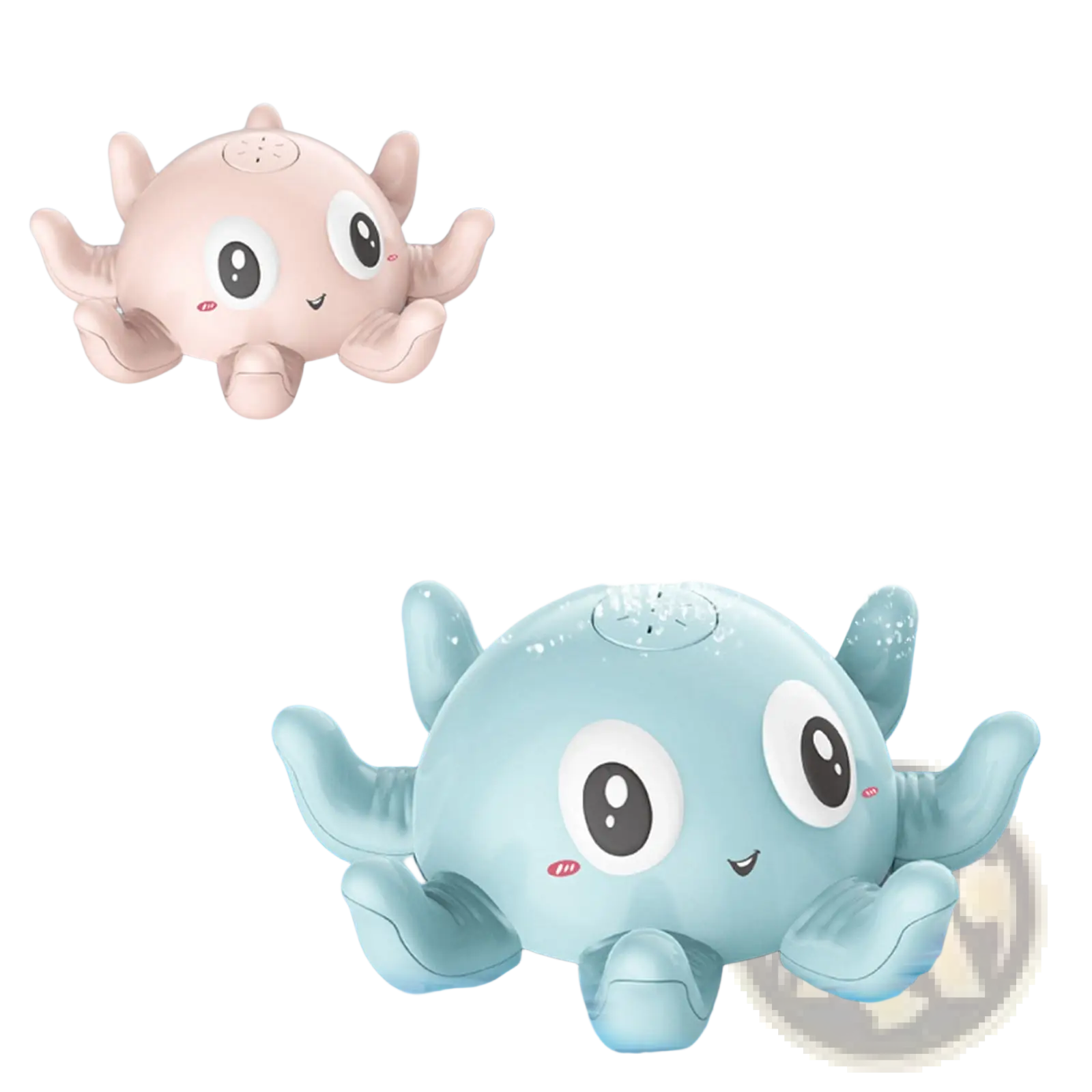 Light blue octopus water spray bath toy with big eyes smiling face and flashing led lights for bath time fun