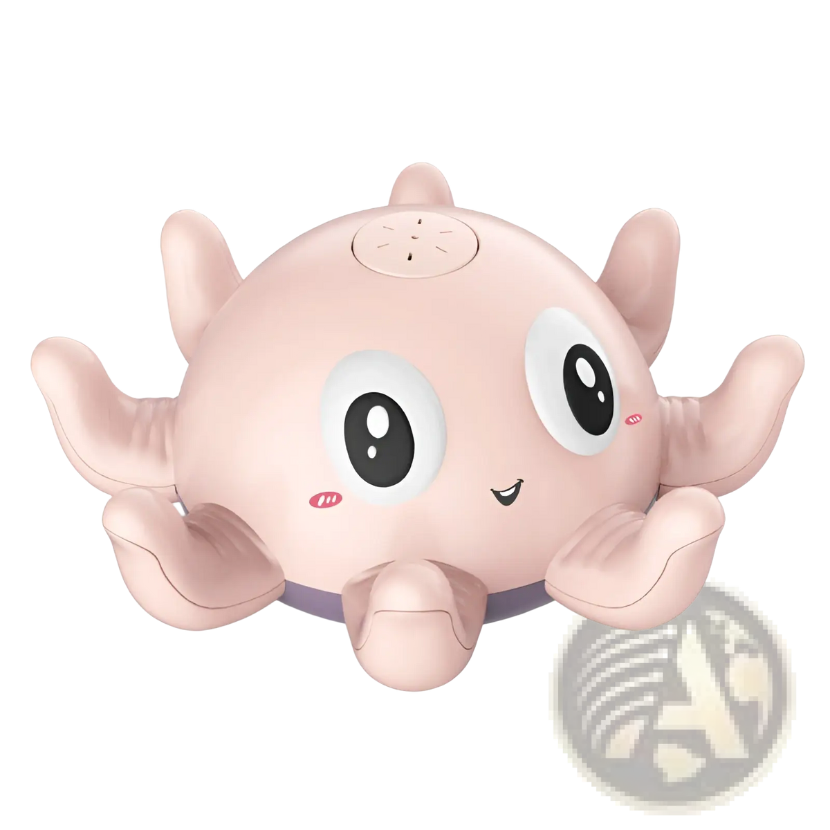 Pink octopus water spray bath toy with soft rounded limbs large cartoon eyes and flashing LED lights for bath use