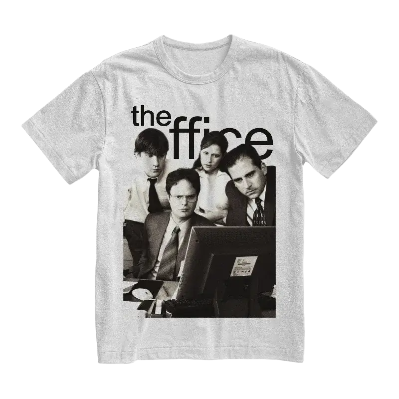 White cotton unisex t-shirt featuring black-and-white graphic of The Office cast with show title above