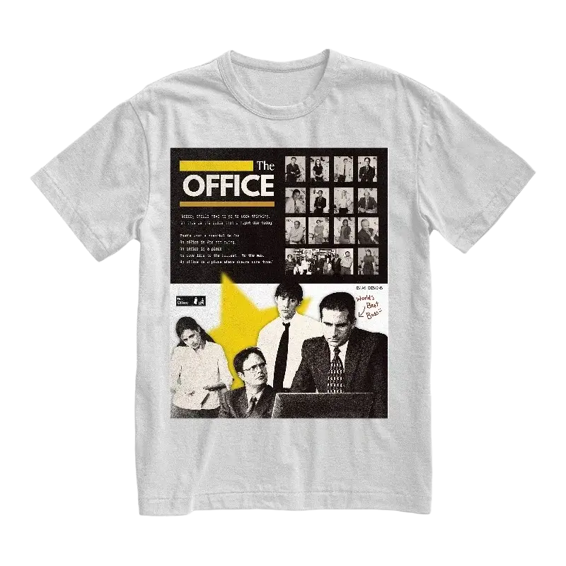 White unisex cotton t-shirt featuring a black and white the office cast graphic and title logo printed on the front