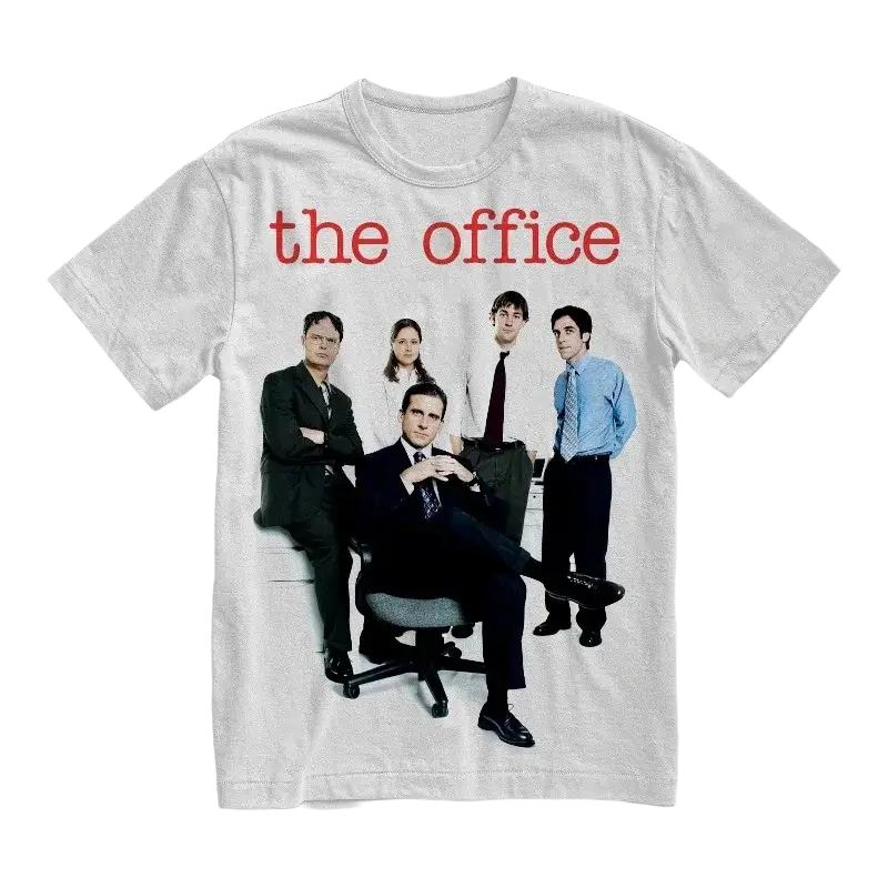 White unisex cotton t-shirt with full-color the office cast print and red text above on front side