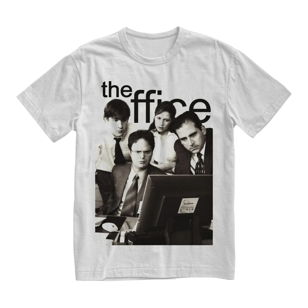 White cotton unisex t-shirt featuring a black and white graphic of the Office cast with the show title above