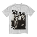 White cotton unisex t-shirt featuring a black and white graphic of the Office cast with the show title above