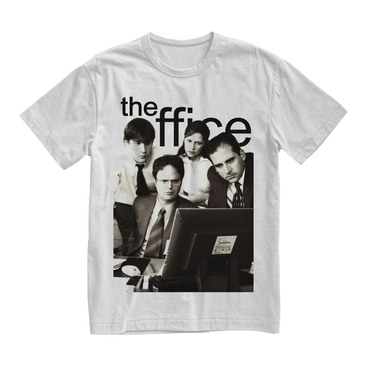 White cotton unisex t-shirt featuring a black and white graphic of the Office cast with the show title above