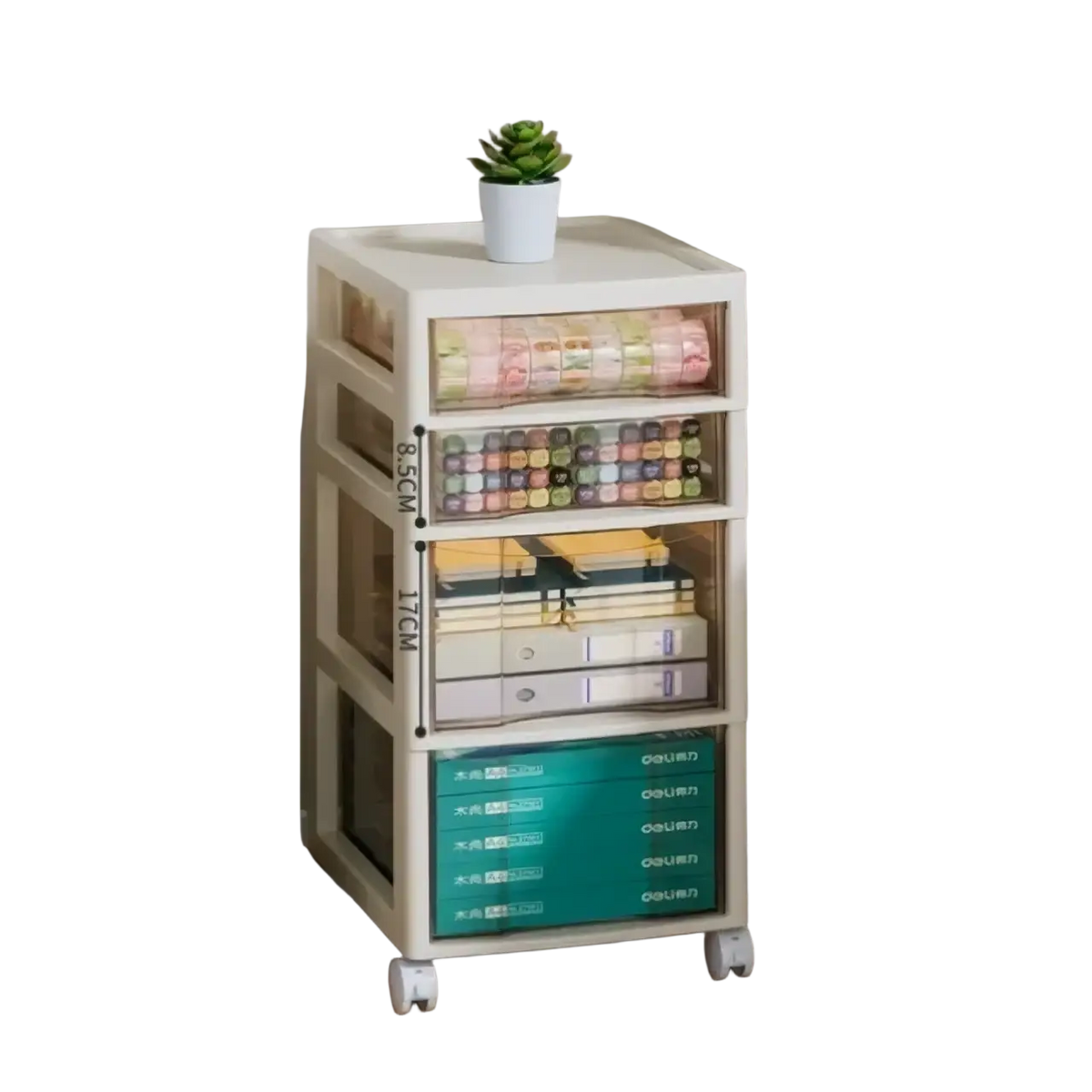 Cream-colored plastic office desktop organizer with clear drawers and teal shelves on white wheels for versatile storage