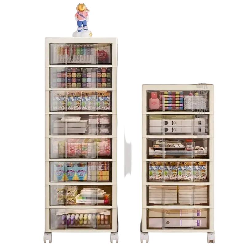 Cream-colored plastic office desktop organizer storage tower with clear drawers and wheels versatile storage solution