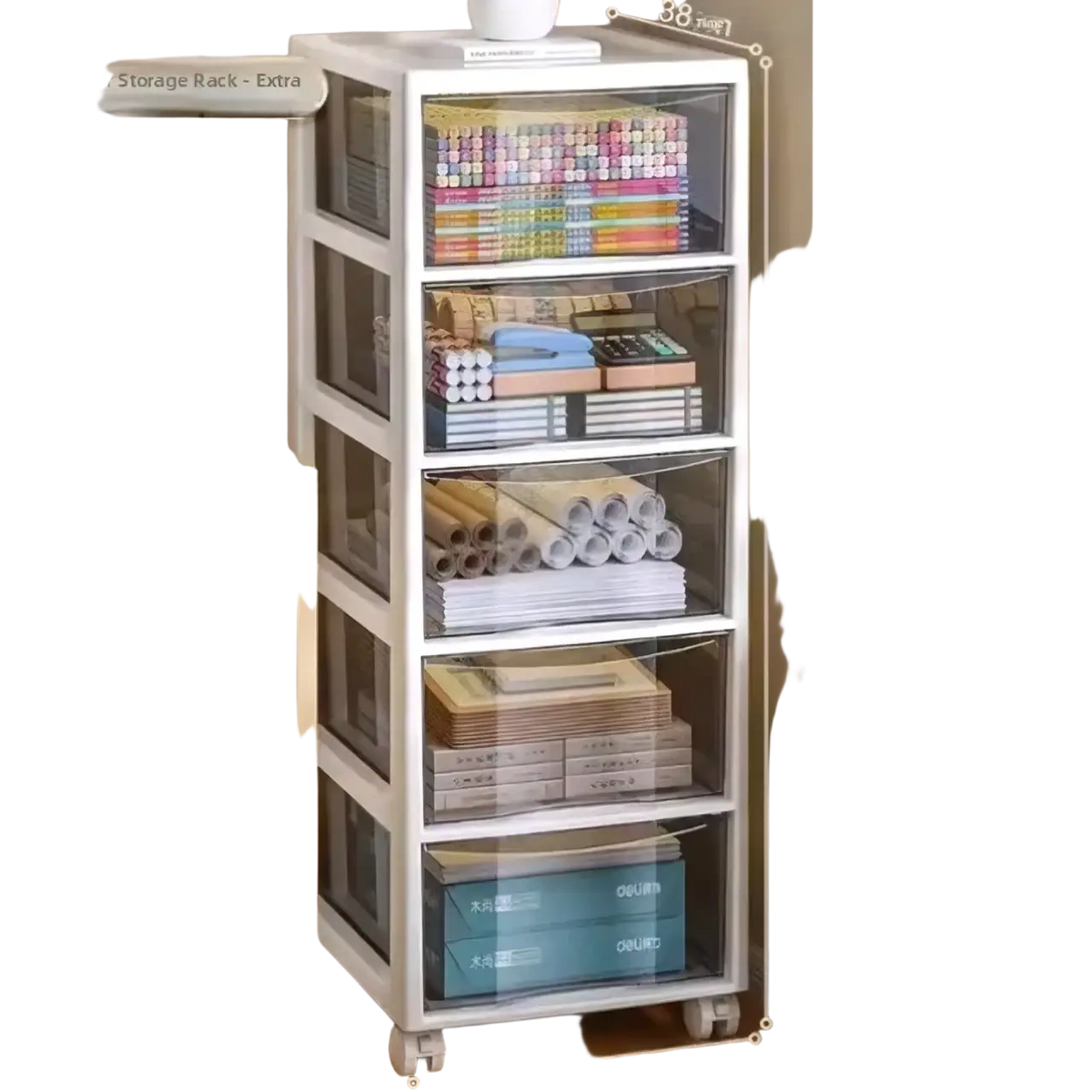 White five-tier versatile storage solution office desktop organizer with clear plastic drawers and wheels for home use