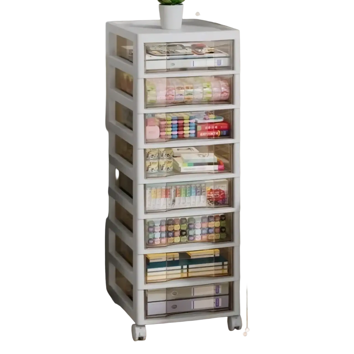 White plastic office desktop organizer storage tower with eight clear drawers for versatile storage solution