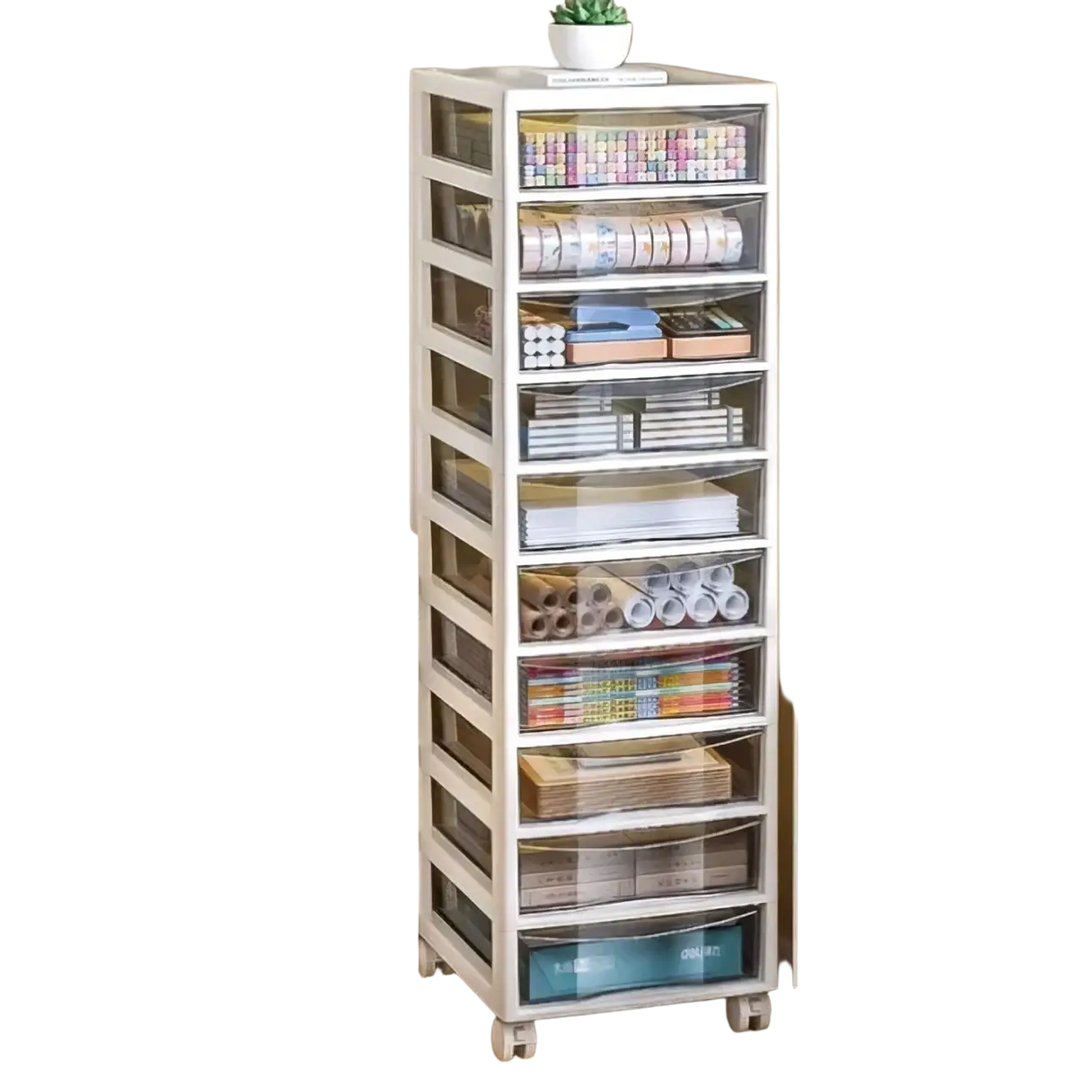 White plastic office desktop organizer storage tower with ten clear drawers holding organized craft supplies, versatile storage solution