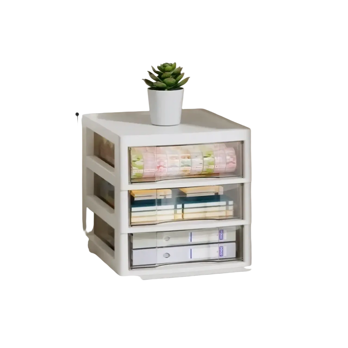 White plastic office desktop organizer with three clear drawers and silver handles versatile storage solution