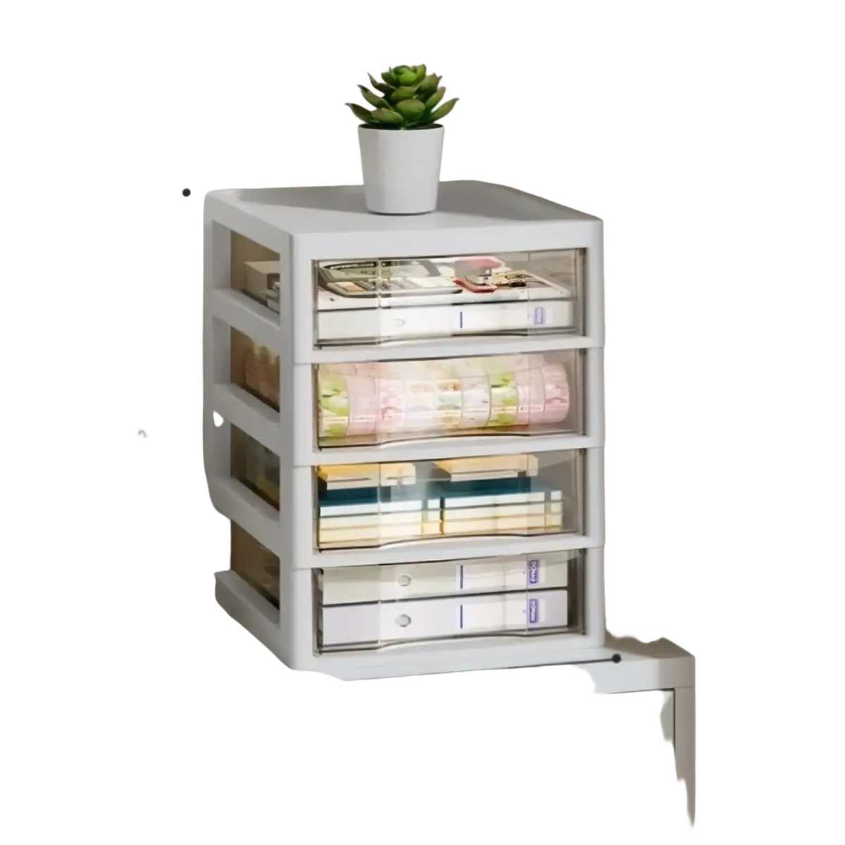 White plastic office desktop organizer with four clear sliding lid drawers featuring labeled compartments for versatile storage solution