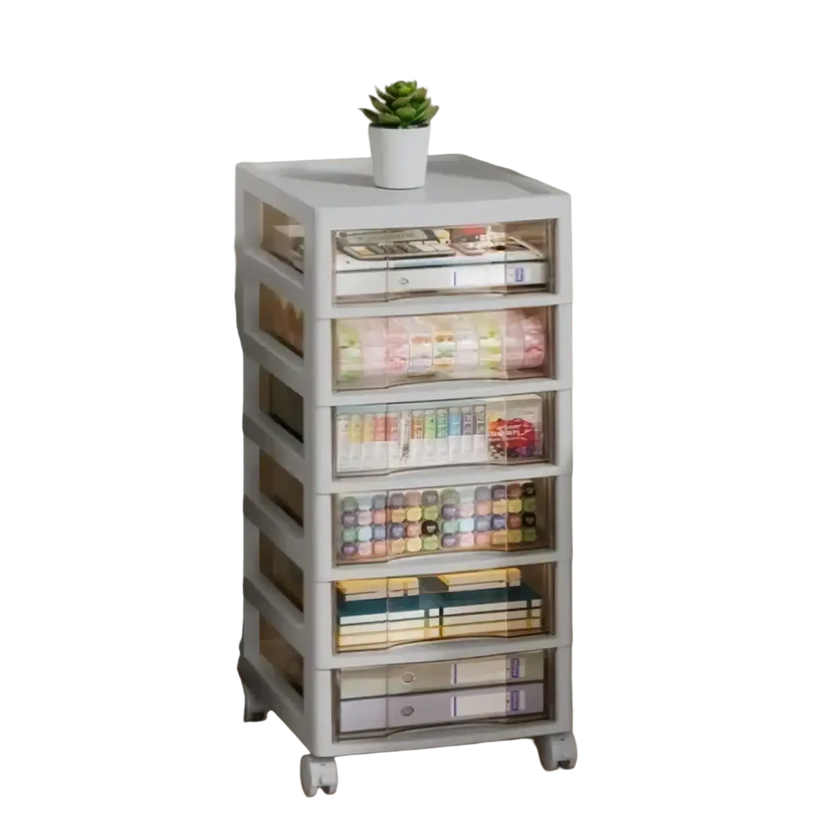 White plastic office desktop organizer storage tower with six clear drawers and wheels versatile storage solution