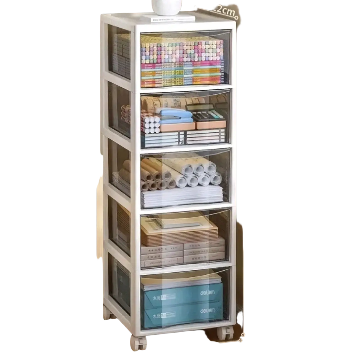 White five-tier plastic storage tower with clear drawers and wheels serving as a versatile office desktop organizer
