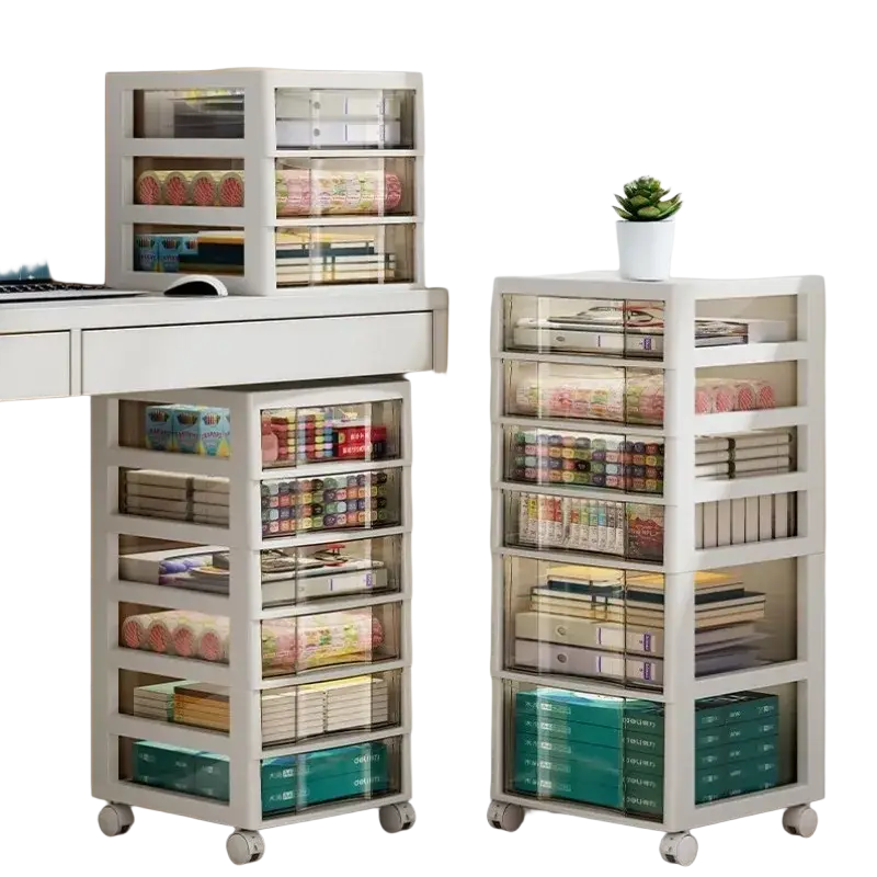 White plastic office desktop organizer storage tower with clear drawers and wheels versatile storage solution