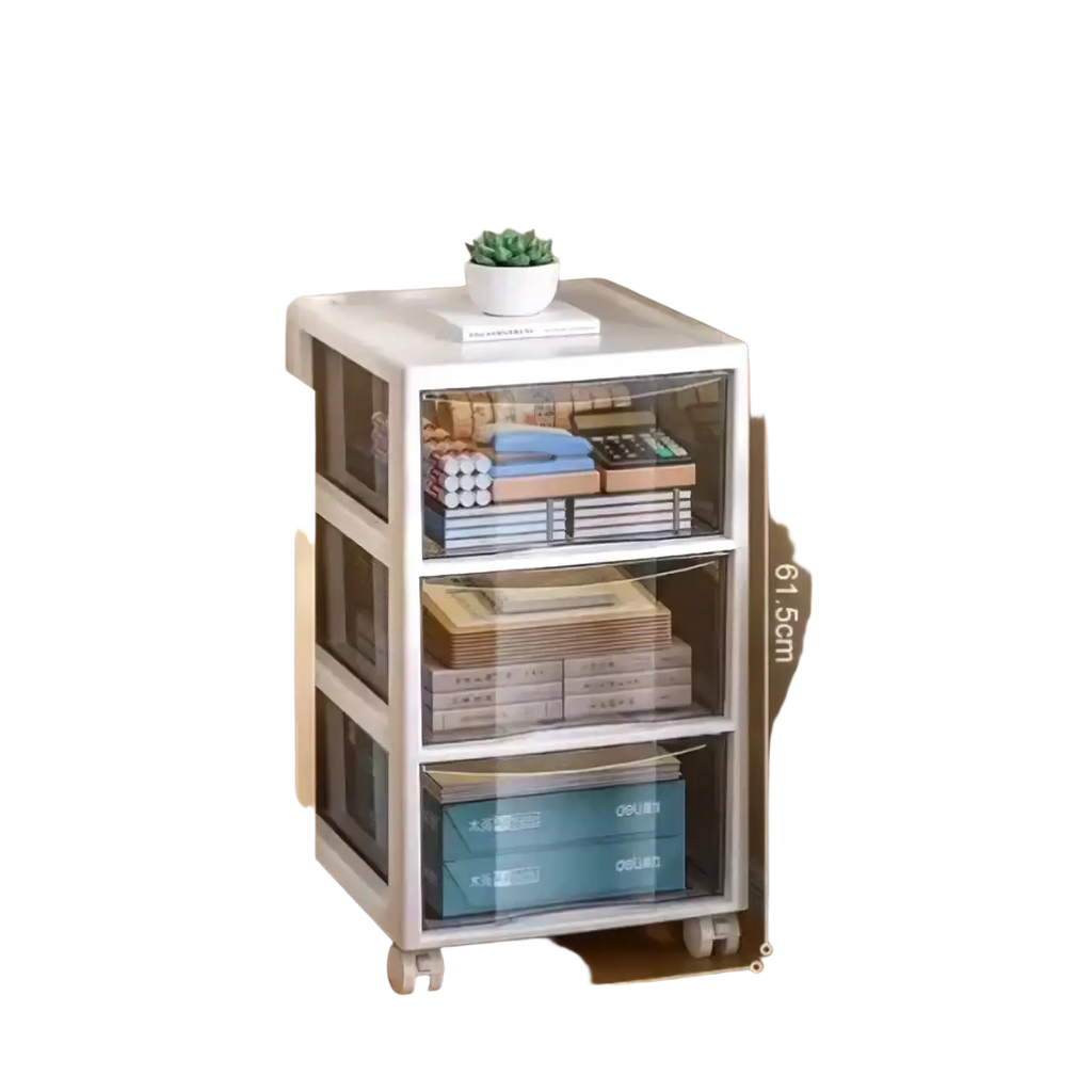 White three-tier plastic office desktop organizer with clear drawers and wheels for versatile storage solution