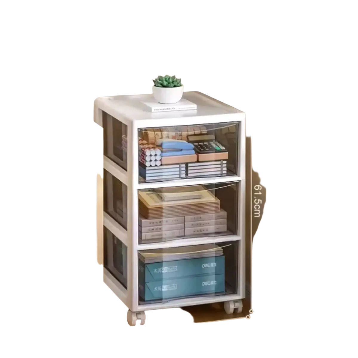 White three-tier plastic office desktop organizer with clear drawers and wheels for versatile storage solution