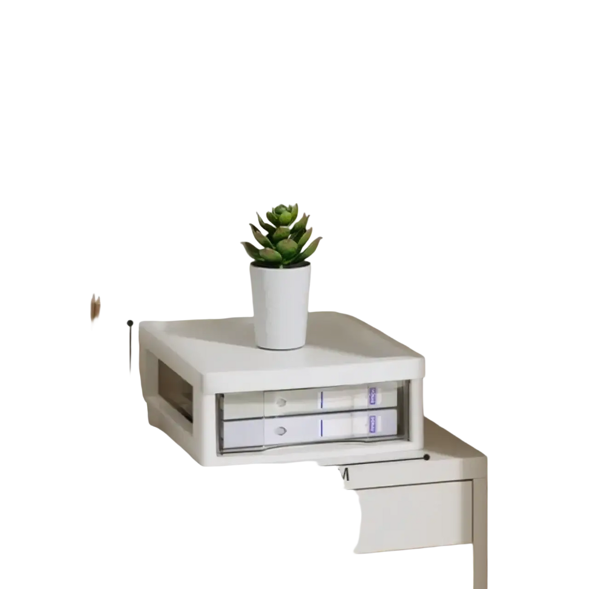 White plastic office desktop organizer with two clear drawers featuring a sleek minimalist design versatile storage solution