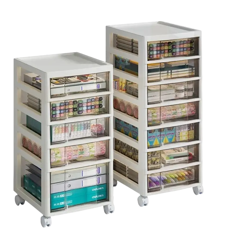 White plastic office desktop organizer storage tower with clear drawers and wheels versatile storage solution