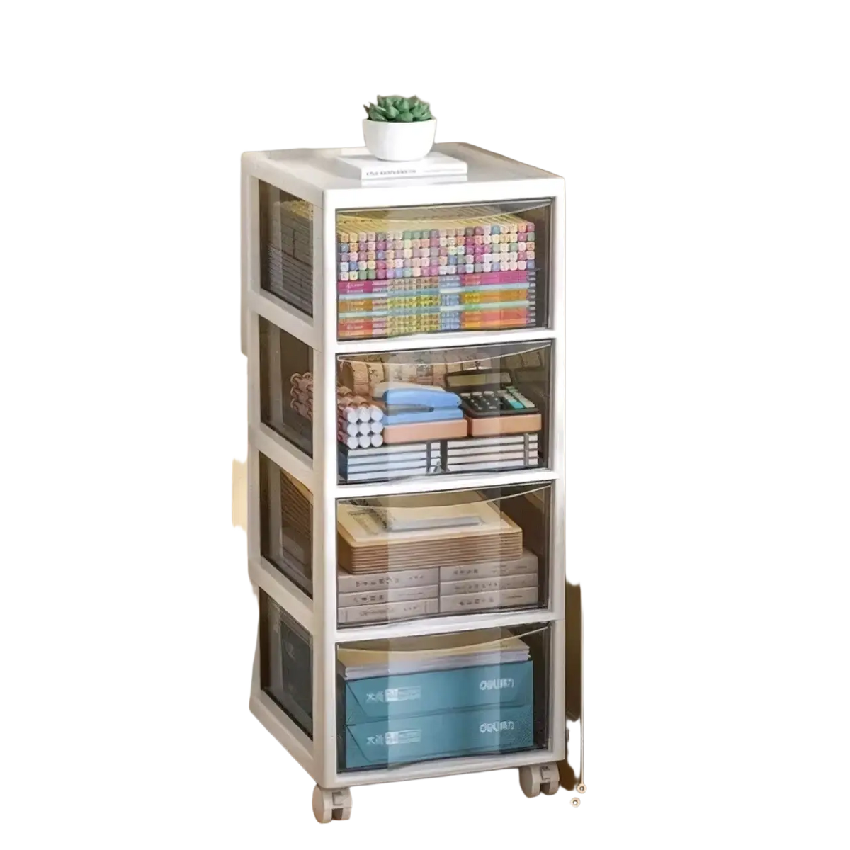 White four-tier plastic office desktop organizer with clear drawers and wheels for versatile storage solution