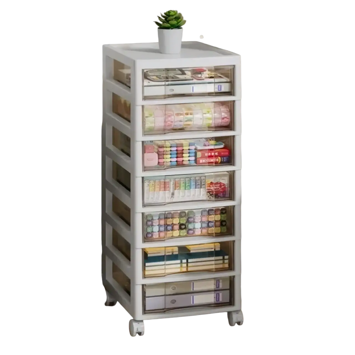 White plastic storage tower office desktop organizer with seven clear drawers for versatile storage solution
